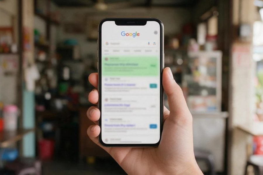 一只手举着手机，屏幕上是 Google 搜索结果，背景是马来西亚的店面（示意图）