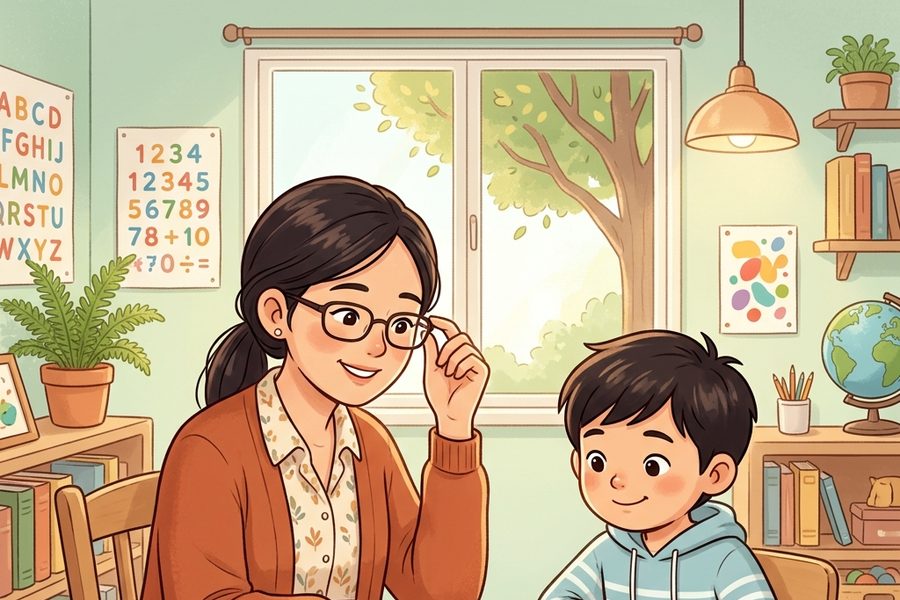 老师和学生一对一坐在书桌前上课的插画（示意图）